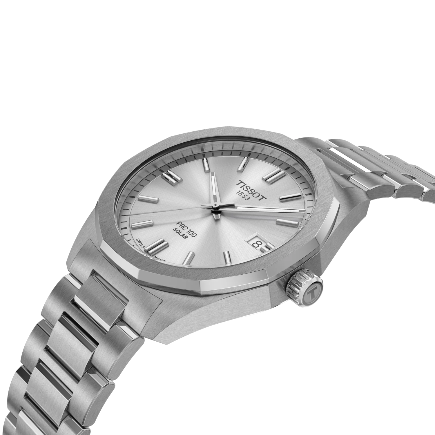 RELOJ TISSOT PR100 SOLAR, ESFERA GRIS, BRAZALETE DE ACERO, FECHA, 39 MM