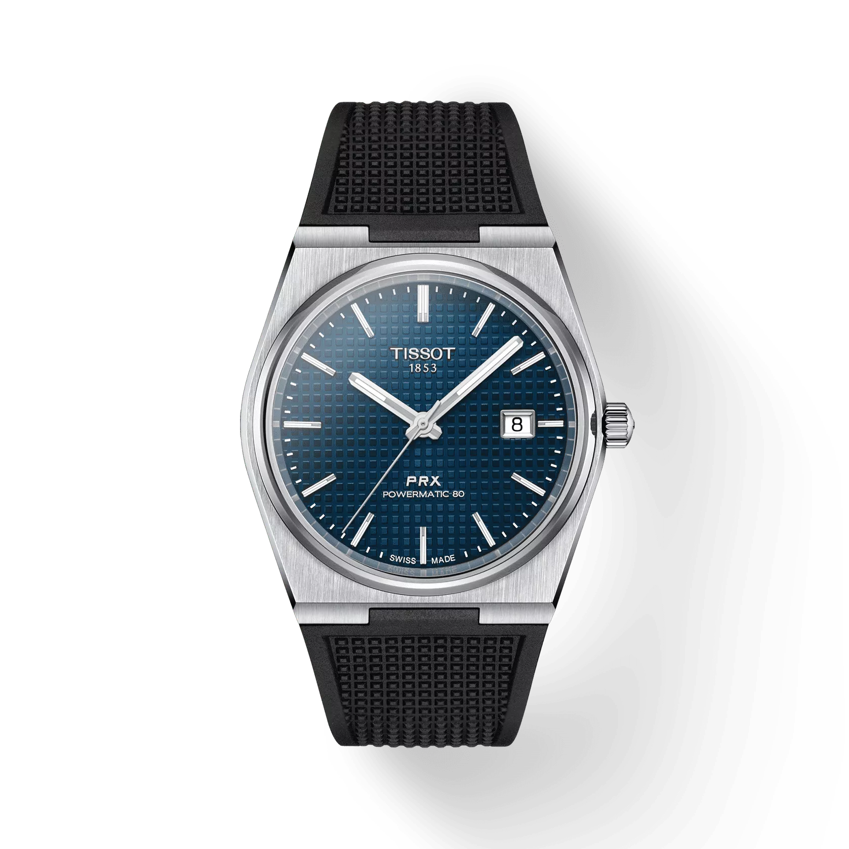 RELOJ TISSOT PRX, AUTOMCÁTICO, ESFERA AZUL, FAJA DE CAUCHO NEGRA, FECHA, 40 MM