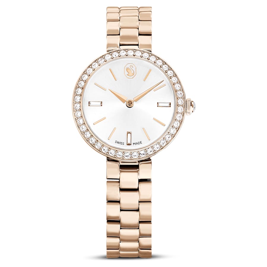 RELOJ SWAROVSKI CERTA BRAZALETE DE ACERO INOXIDABLE PVD TONO CHAMPCÁN, ESFERA BLANCA, CAJA 30 MM, MUJER