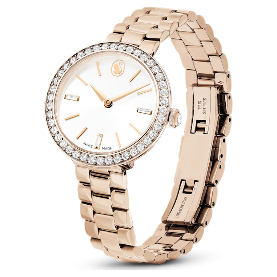 RELOJ SWAROVSKI CERTA BRAZALETE DE ACERO INOXIDABLE PVD TONO CHAMPCÁN, ESFERA BLANCA, CAJA 30 MM, MUJER