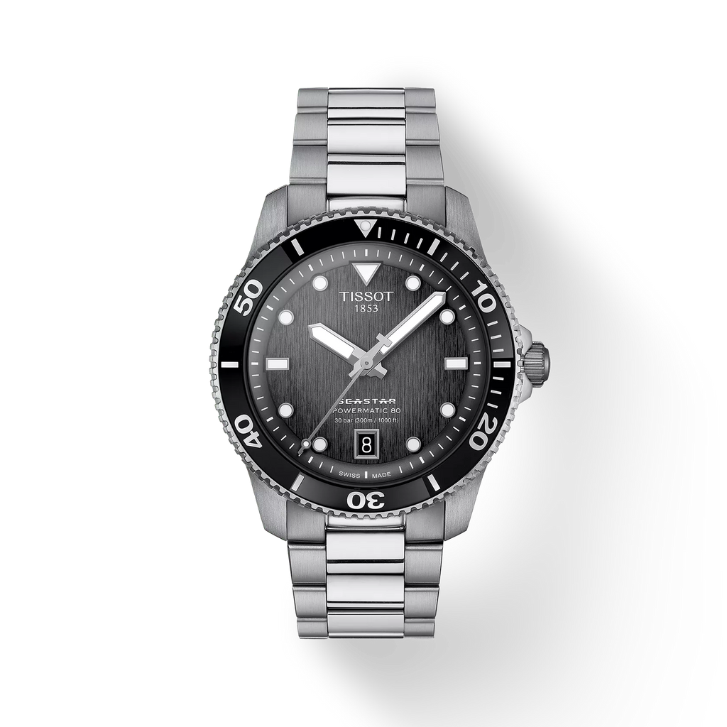 RELOJ TISSOT SEASTAR 1000, AUTOMCÁTICO, ESFERA NEGRA, BRAZALETE DE ACERO, FECHA, 40 MM