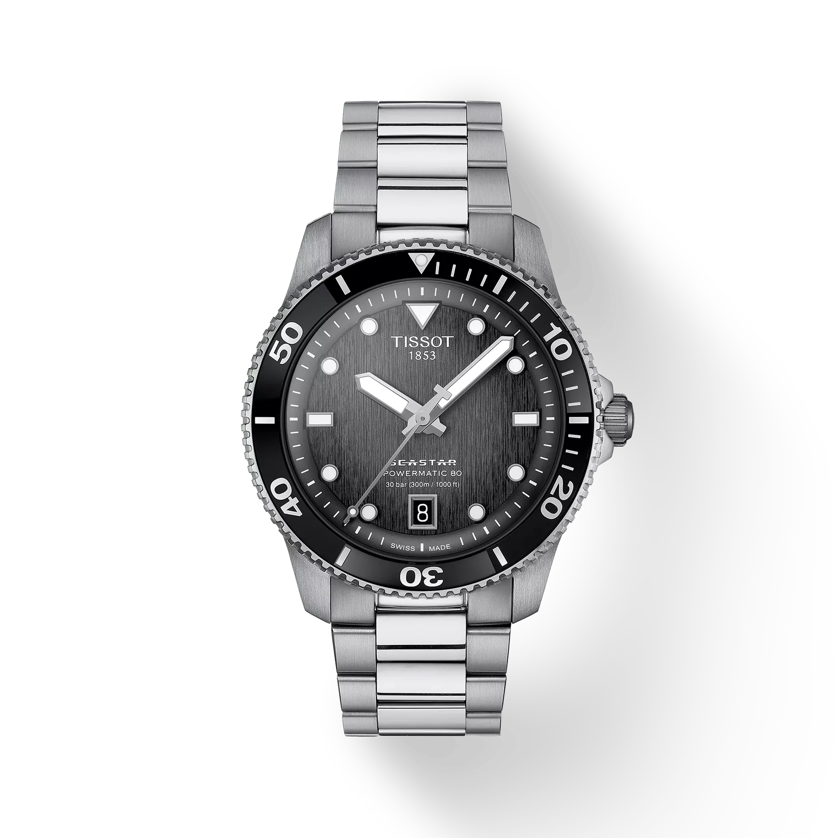 RELOJ TISSOT SEASTAR 1000, AUTOMCÁTICO, ESFERA NEGRA, BRAZALETE DE ACERO, FECHA, 40 MM