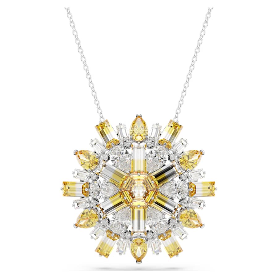 COLLAR SWAROVSKI IDYLLIA Y BROCHE TALLAS MIXTAS, FLOR, LARGO, AMARILLO, BAÑO DE RODIO