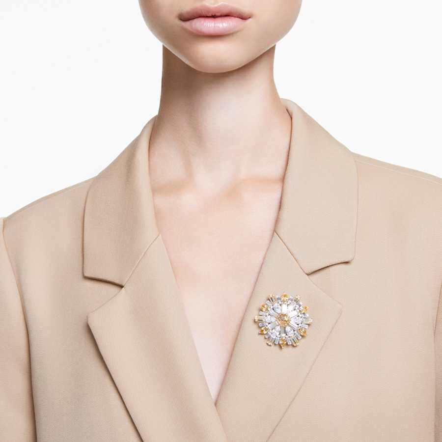 COLLAR SWAROVSKI IDYLLIA Y BROCHE TALLAS MIXTAS, FLOR, LARGO, AMARILLO, BAÑO DE RODIO