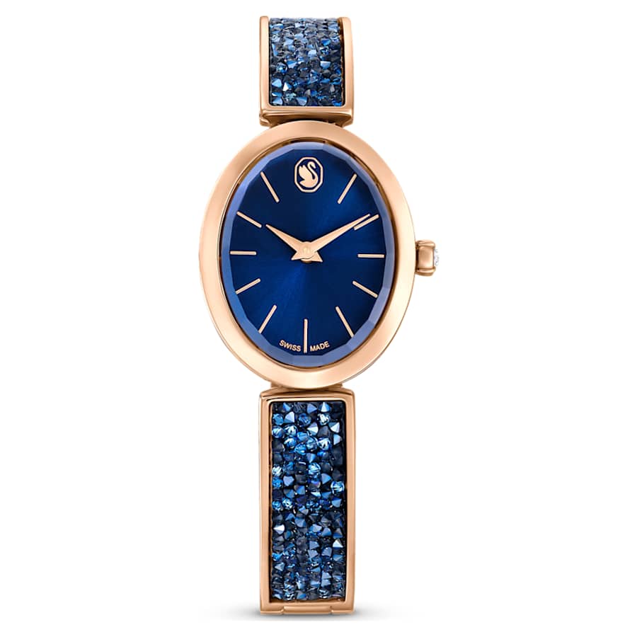 RELOJ SWAROVSKI CRYSTAL ROCK OVAL BRAZALETE DE ACERO INOXIDABLE TONO ORO ROSA, ESFERA AZUL, MOVIMIENTO CUARZO, CAJA 26 MM, MUJER