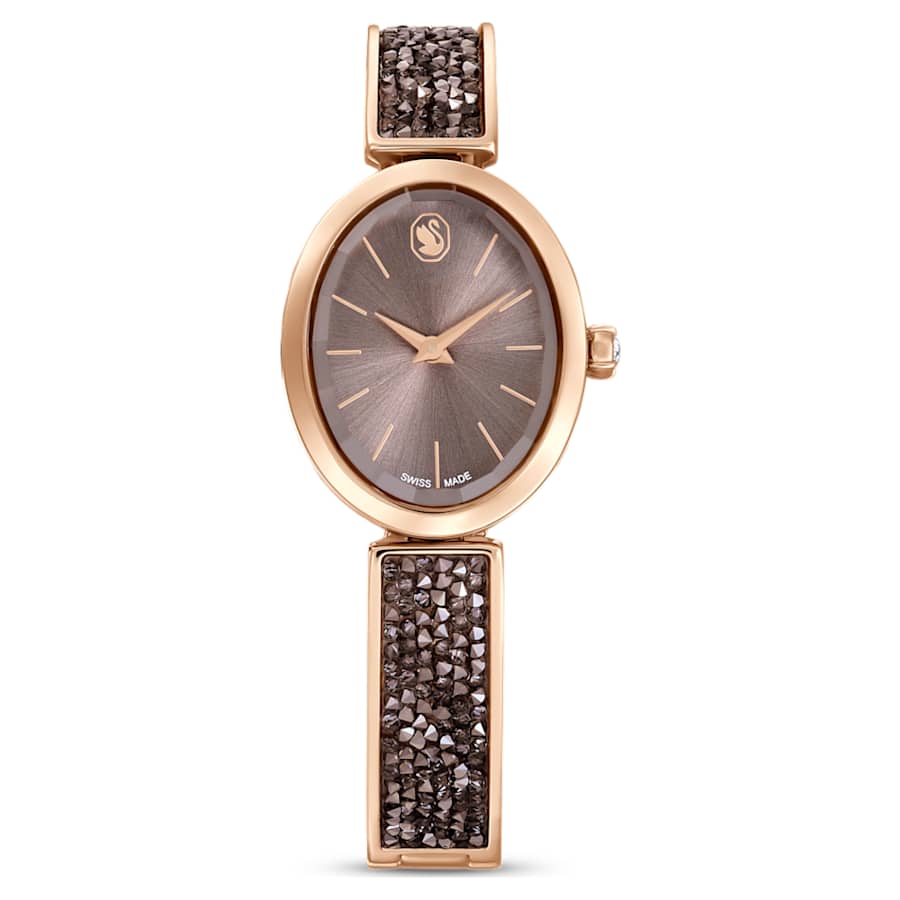 RELOJ SWAROVSKI CRYSTAL ROCK OVAL, BRAZALETE DE ACERO PVD ORO ROSA, ESFERA CAFÉ, CUARZO