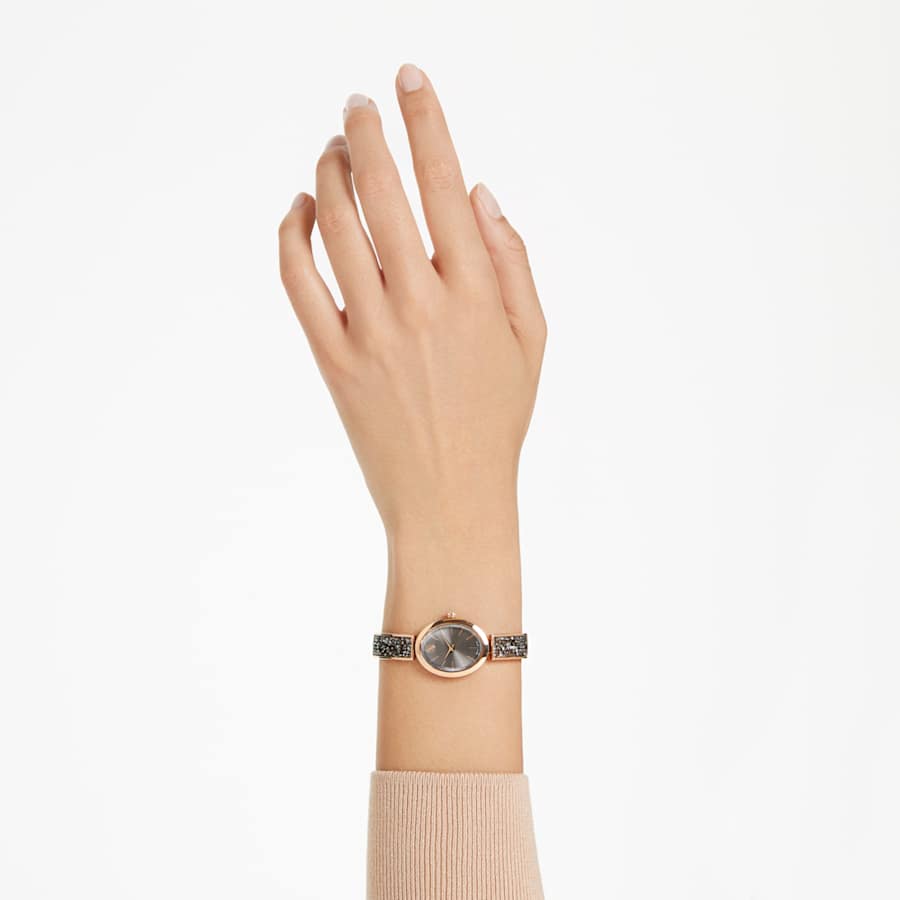 RELOJ SWAROVSKI CRYSTAL ROCK OVAL, BRAZALETE DE ACERO PVD ORO ROSA, ESFERA CAFÉ, CUARZO