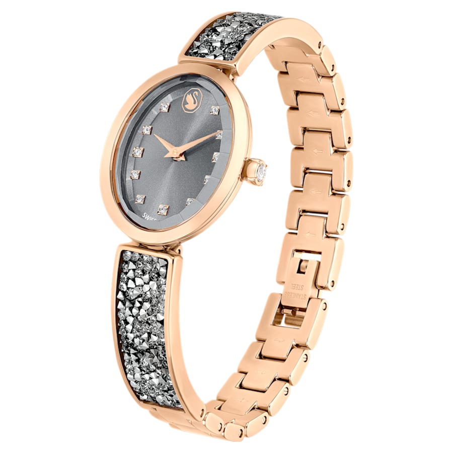 RELOJ SWAROVSKI CRYSTAL ROCK OVAL BRAZALETE DE ACERO INOXIDABLE PVD ORO ROSA, ESFERA GRIS, MOVIMIENTO CUARZO, CAJA 26 MM, MUJER