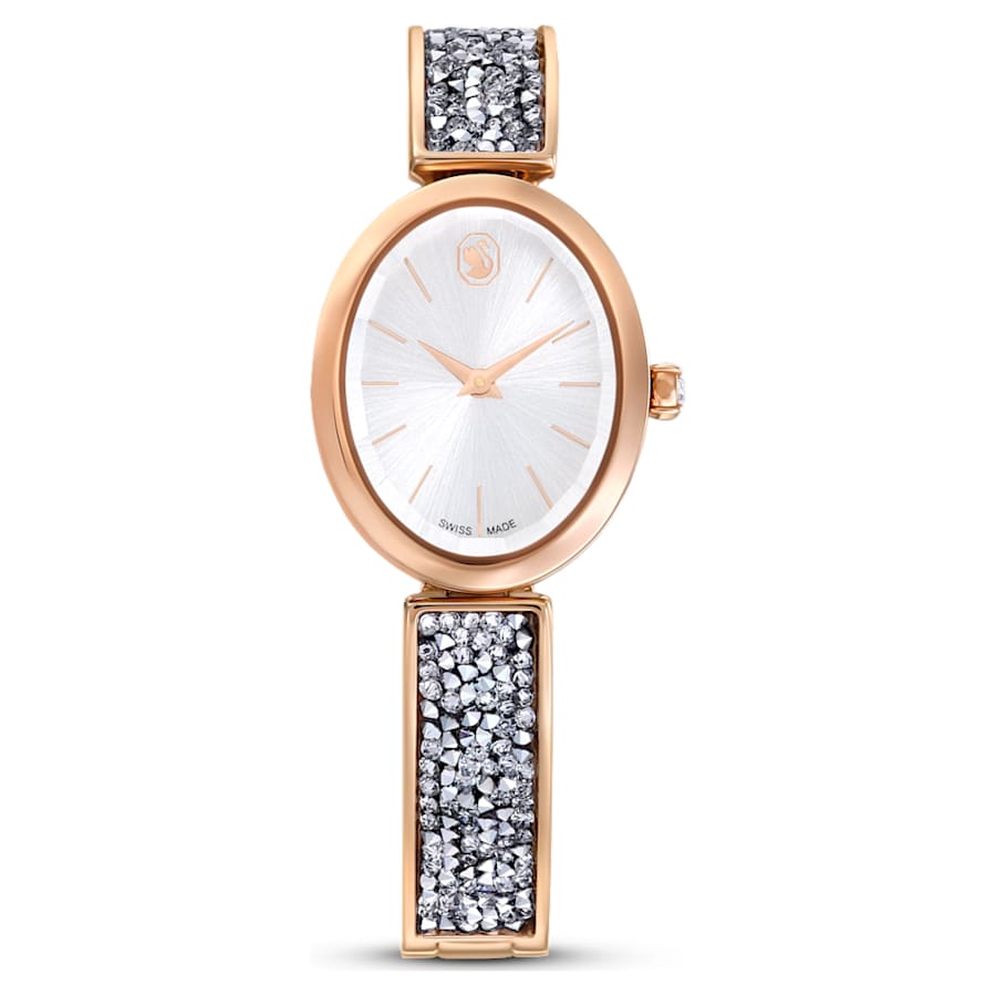 RELOJ SWAROVSKI CRYSTAL ROCK OVAL BRAZALETE DE ACERO INOXIDABLE PVD ORO ROSA, ESFERA GRIS, MOVIMIENTO CUARZO, CAJA 29 X 26 MM, MUJER