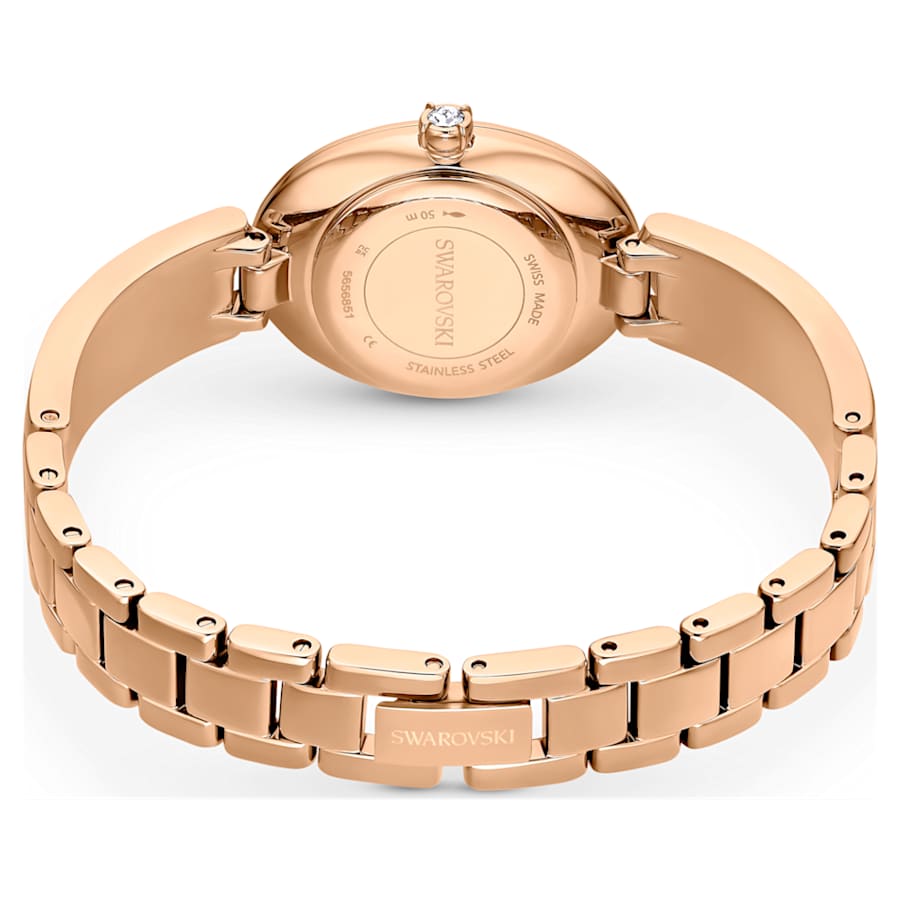 RELOJ SWAROVSKI CRYSTAL ROCK OVAL BRAZALETE DE ACERO INOXIDABLE PVD ORO ROSA, ESFERA GRIS, MOVIMIENTO CUARZO, CAJA 29 X 26 MM, MUJER