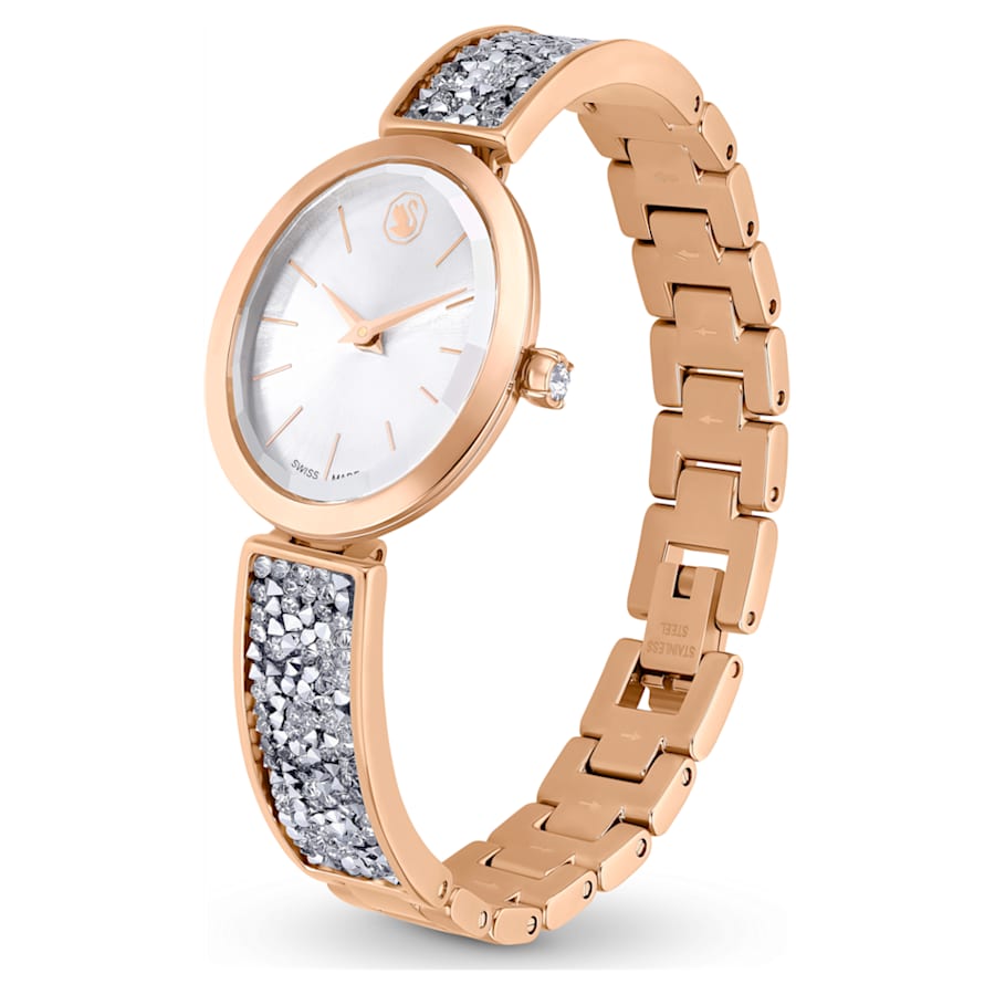 RELOJ SWAROVSKI CRYSTAL ROCK OVAL BRAZALETE DE ACERO INOXIDABLE PVD ORO ROSA, ESFERA GRIS, MOVIMIENTO CUARZO, CAJA 29 X 26 MM, MUJER