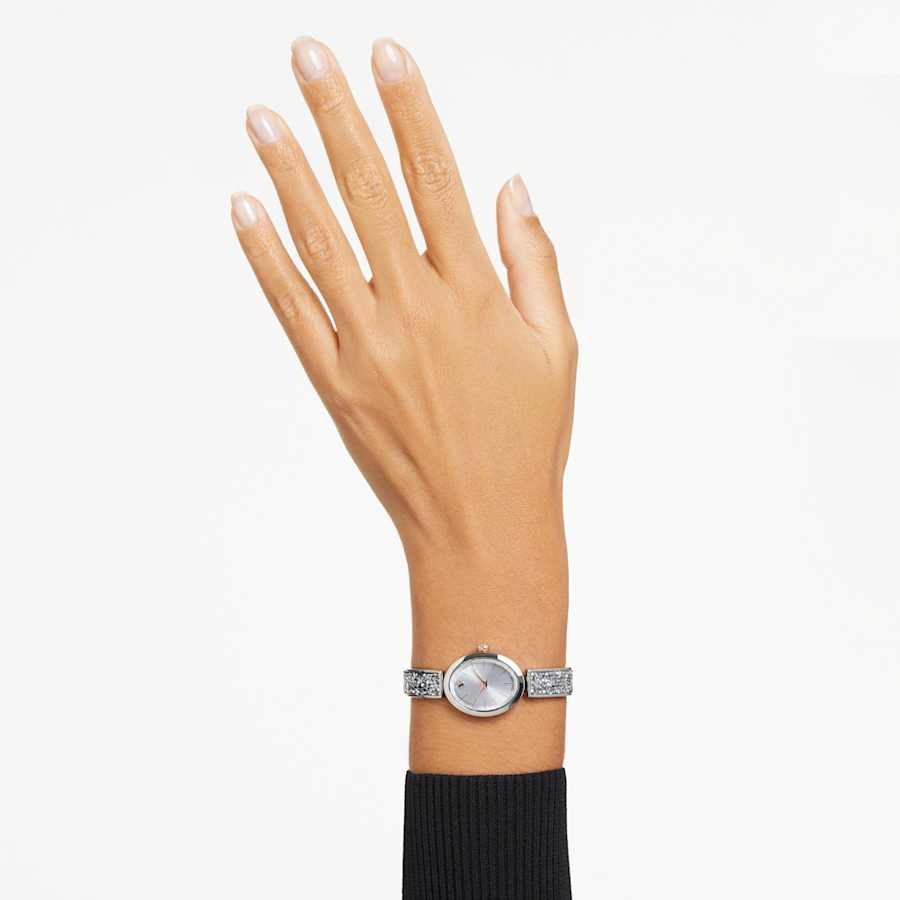 RELOJ SWAROVSKI CRYSTAL ROCK OVAL BRAZALETE DE ACERO INOXIDABLE, ESFERA PLATEADA, MOVIIMENTO CUARZO, CAJA 29 X 26 MM, MUJER