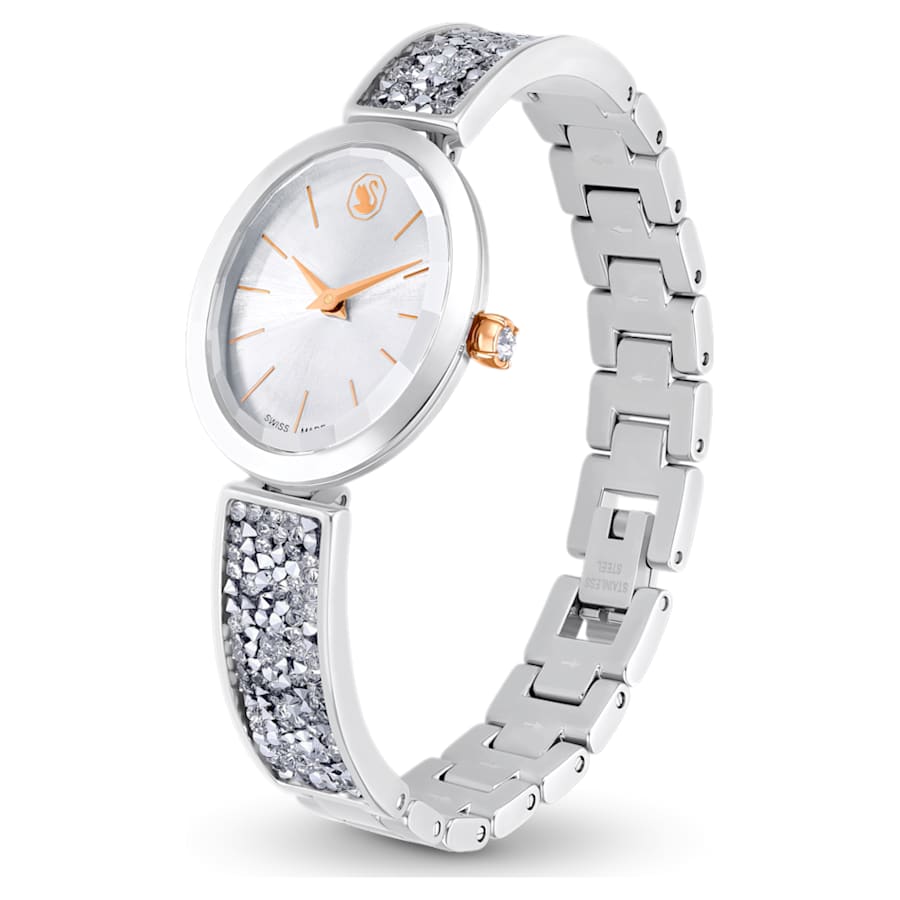 RELOJ SWAROVSKI CRYSTAL ROCK OVAL BRAZALETE DE ACERO INOXIDABLE, ESFERA PLATEADA, MOVIIMENTO CUARZO, CAJA 29 X 26 MM, MUJER