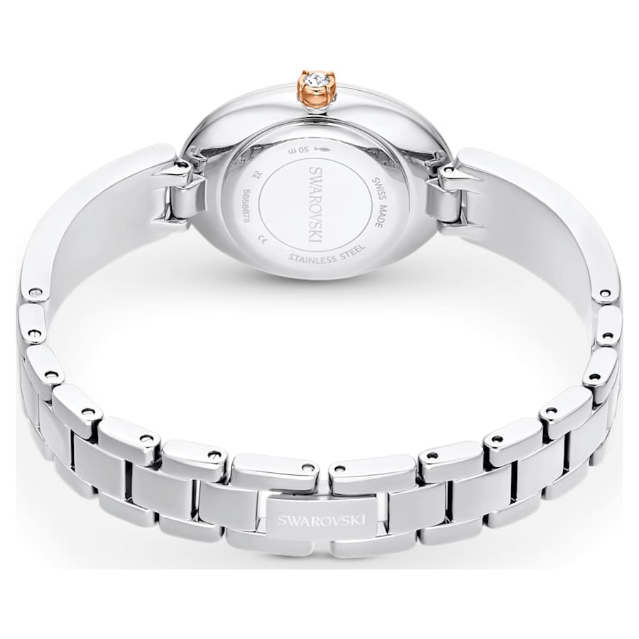 RELOJ SWAROVSKI CRYSTAL ROCK OVAL BRAZALETE DE ACERO INOXIDABLE, ESFERA PLATEADA, MOVIIMENTO CUARZO, CAJA 29 X 26 MM, MUJER