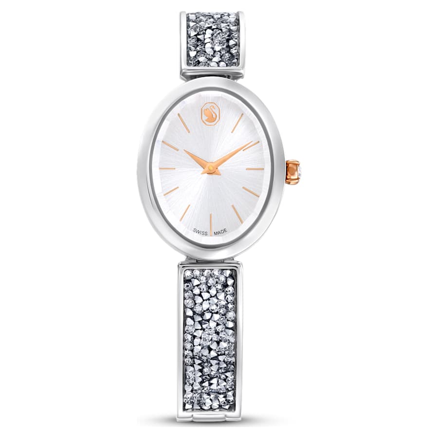 RELOJ SWAROVSKI CRYSTAL ROCK OVAL BRAZALETE DE ACERO INOXIDABLE, ESFERA PLATEADA, MOVIIMENTO CUARZO, CAJA 29 X 26 MM, MUJER