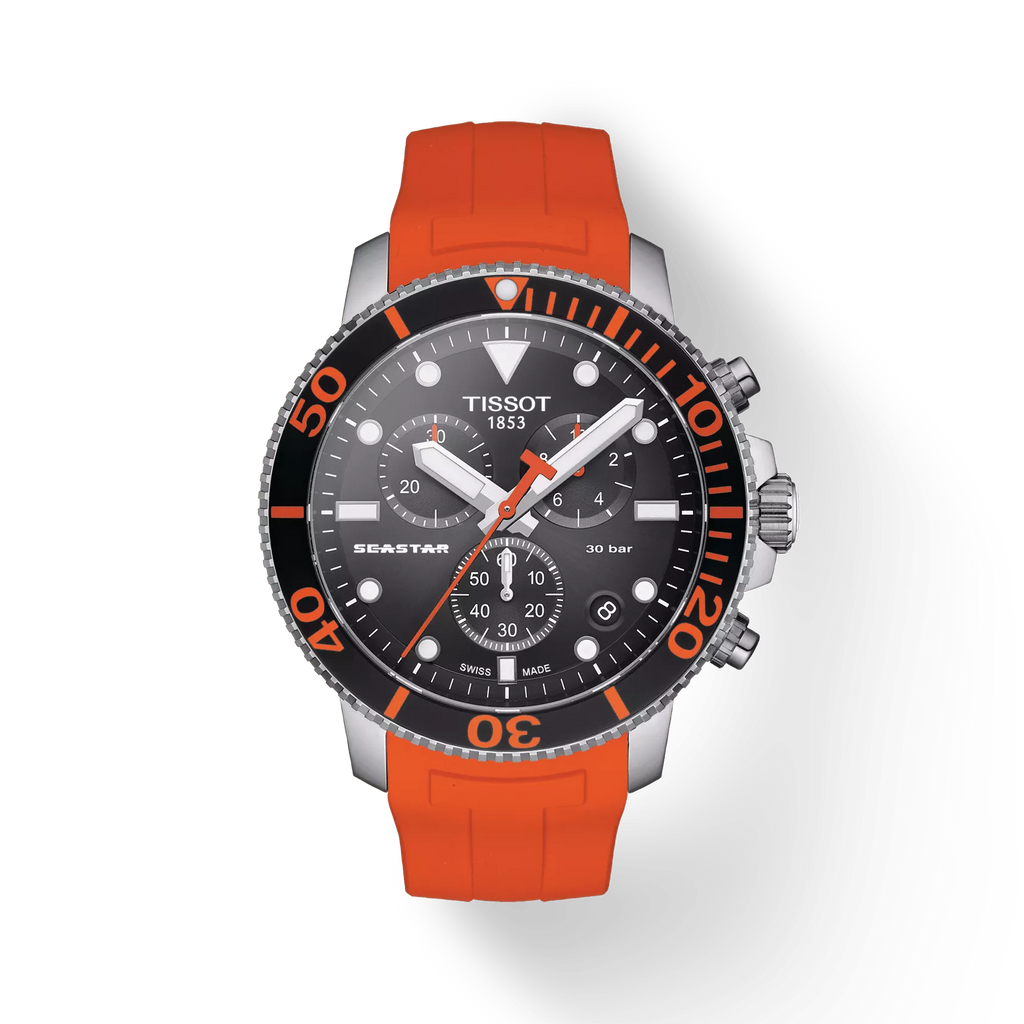 RELOJ TISSOT SEASTAR 1000, CUARZO, ESFERA NEGRA, FAJA DE CAUCHO NARANJA, CRONCÓGRAFO, 45.5 MM