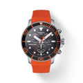 RELOJ TISSOT SEASTAR 1000, CUARZO, ESFERA NEGRA, FAJA DE CAUCHO NARANJA, CRONCÓGRAFO, 45.5 MM