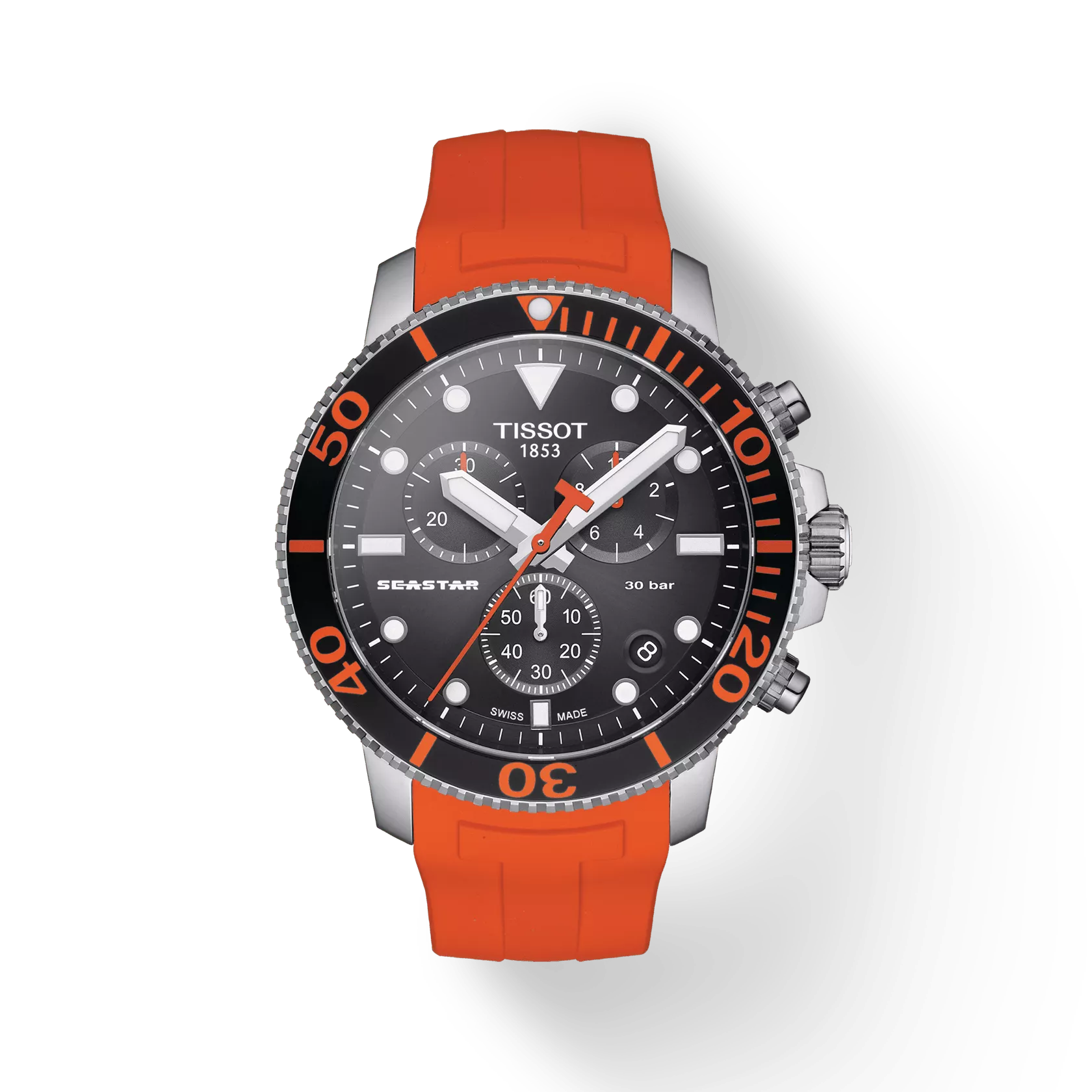 RELOJ TISSOT SEASTAR 1000, CUARZO, ESFERA NEGRA, FAJA DE CAUCHO NARANJA, CRONCÓGRAFO, 45.5 MM
