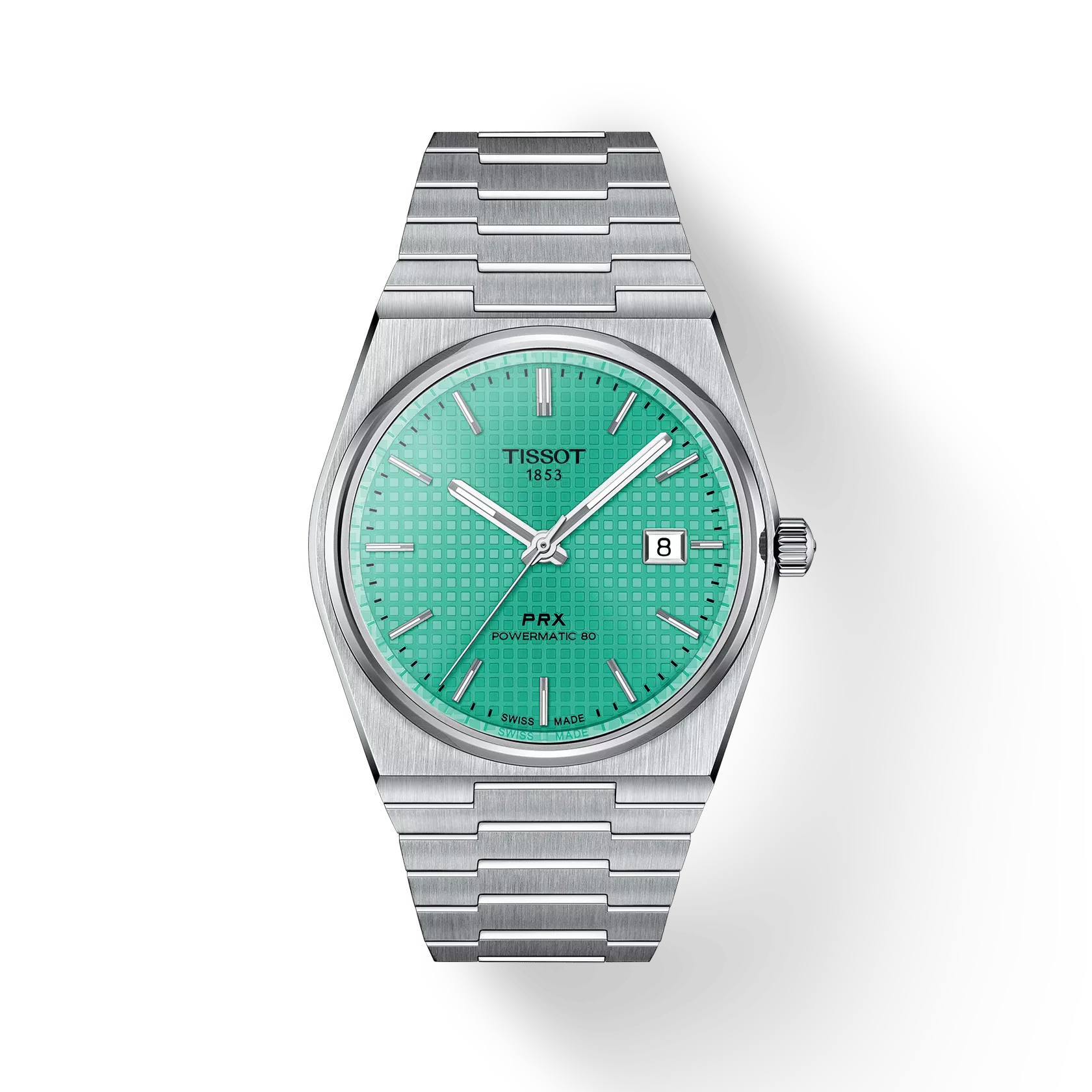 RELOJ TISSOT PRX, AUTOMCÁTICO, ESFERA TURQUESA, BRAZALETE DE ACERO, FECHA, 40 MM