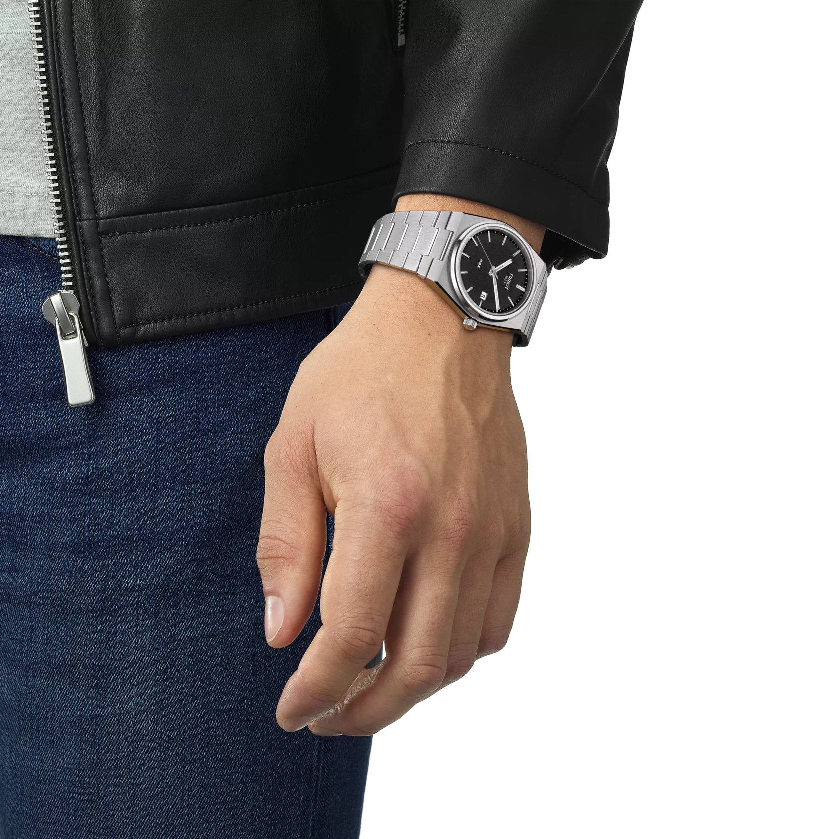 RELOJ TISSOT PRX, CUARZO, ESFERA NEGRA, BRAZALETE DE ACERO, FECHA, 40 MM