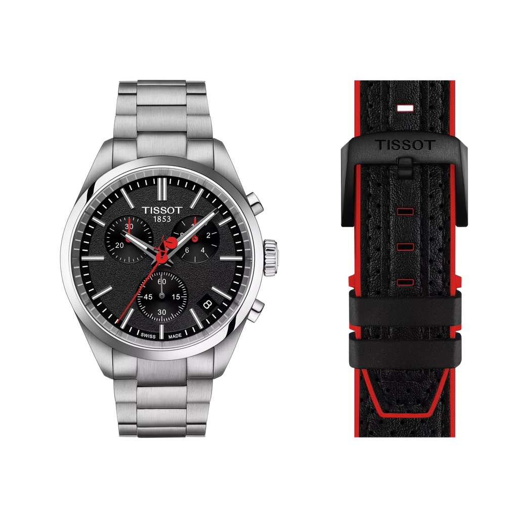 RELOJ TISSOT PR 100 LA VUELTA, CUARZO, ESFERA NEGRA, BRAZALETE DE ACERO, CRONCÓGRAFO, 40 MM