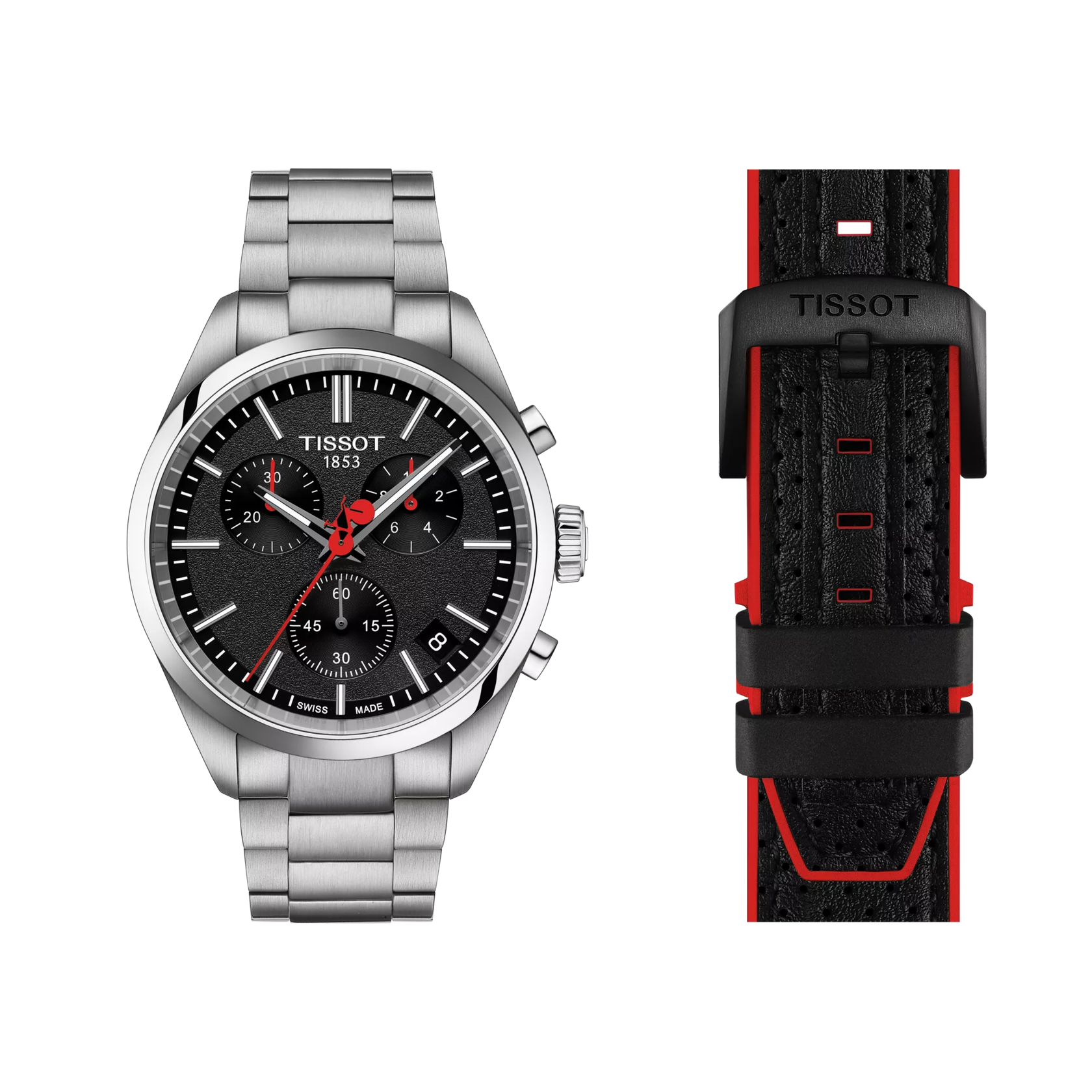 RELOJ TISSOT PR 100 LA VUELTA, CUARZO, ESFERA NEGRA, BRAZALETE DE ACERO, CRONCÓGRAFO, 40 MM