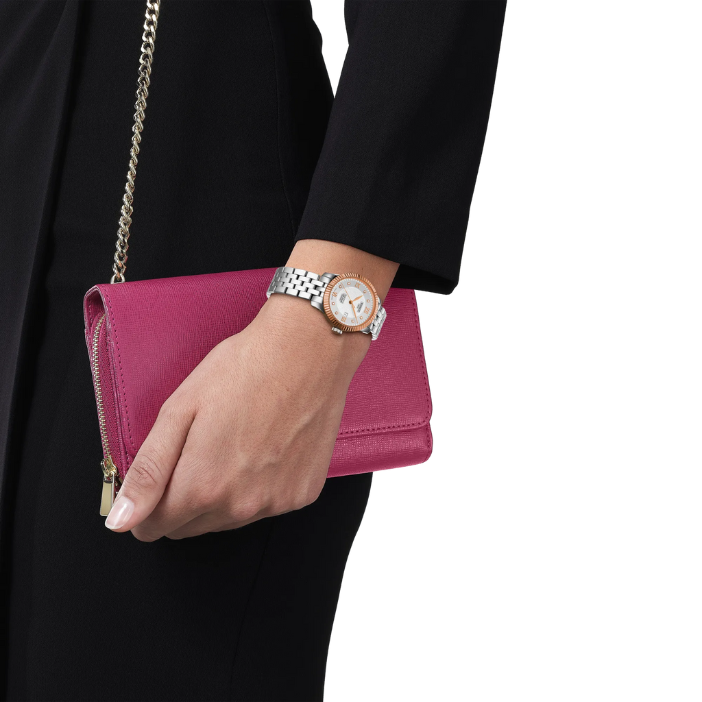 RELOJ TISSOT LE LOCLE GOLD, AUTOMCÁTICO, ESFERA GRIS, BRAZALETE DE ACERO, FECHA, DIAMANTES, 29 MM