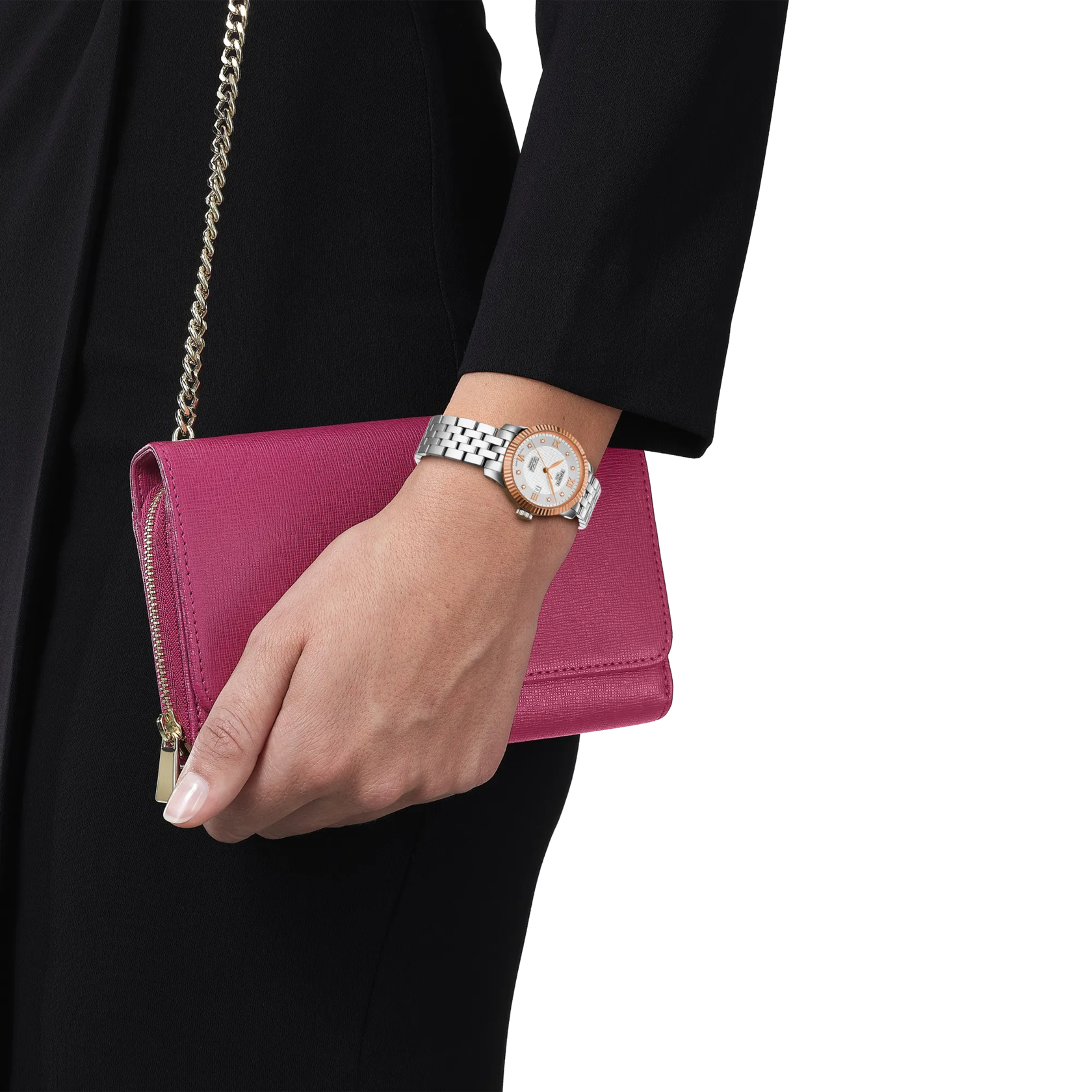 RELOJ TISSOT LE LOCLE GOLD, AUTOMCÁTICO, ESFERA GRIS, BRAZALETE DE ACERO, FECHA, DIAMANTES, 29 MM