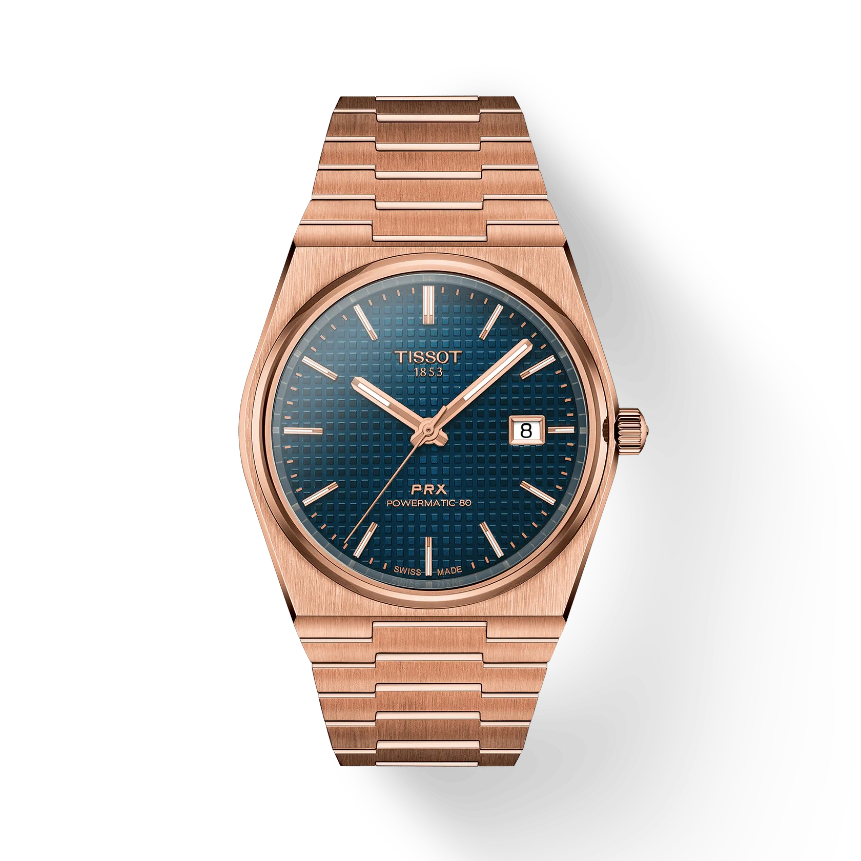 RELOJ TISSOT PRX, AUTOMCÁTICO, ESFERA AZUL, BRAZALETE PVD TONO ROSA, FECHA, 40 MM