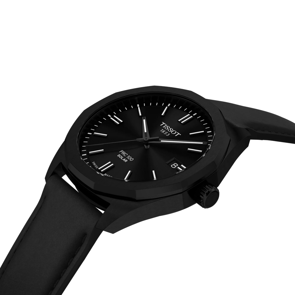 RELOJ TISSOT PR100 SOLAR, ESFERA NEGRA, BRAZALETE DE CUERO NEGRO, FECHA, 39 MM