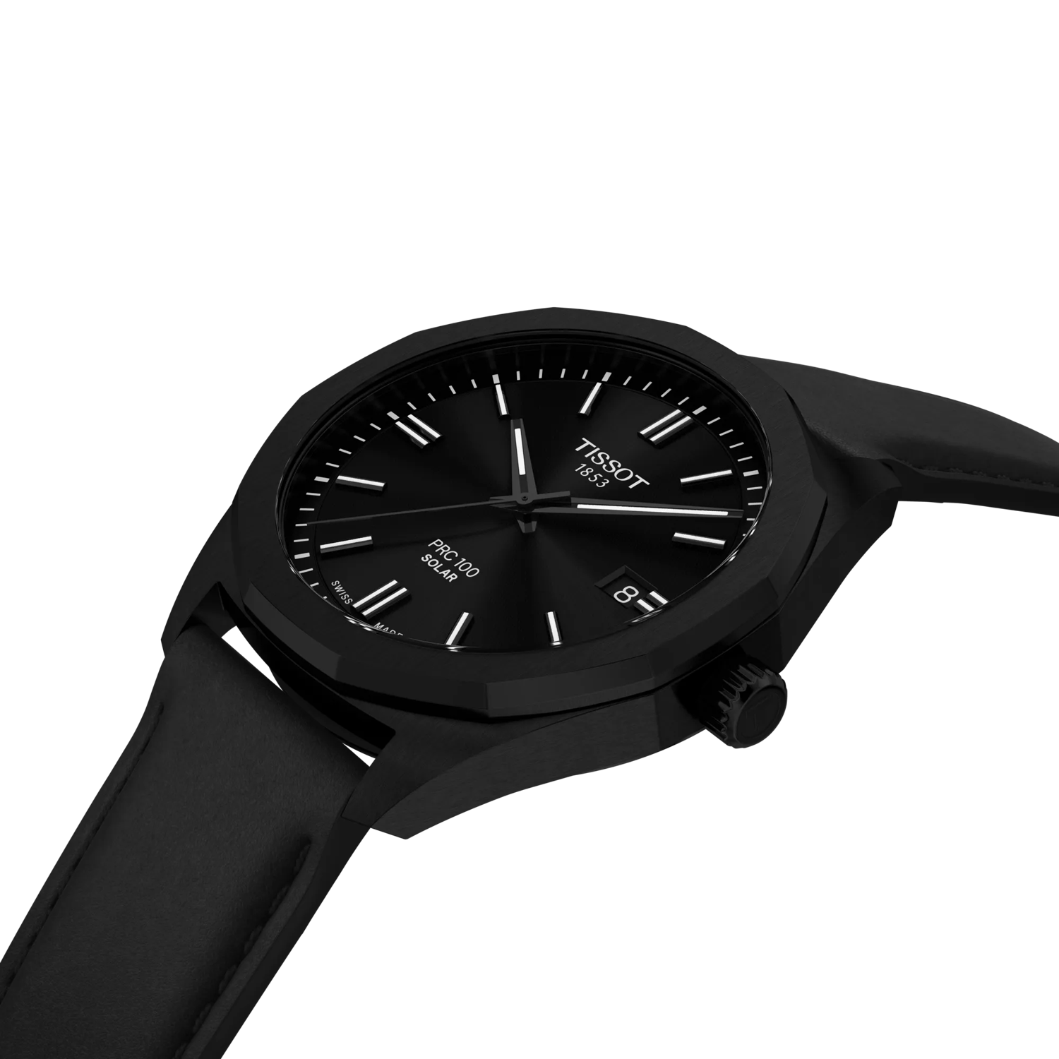 RELOJ TISSOT PR100 SOLAR, ESFERA NEGRA, BRAZALETE DE CUERO NEGRO, FECHA, 39 MM