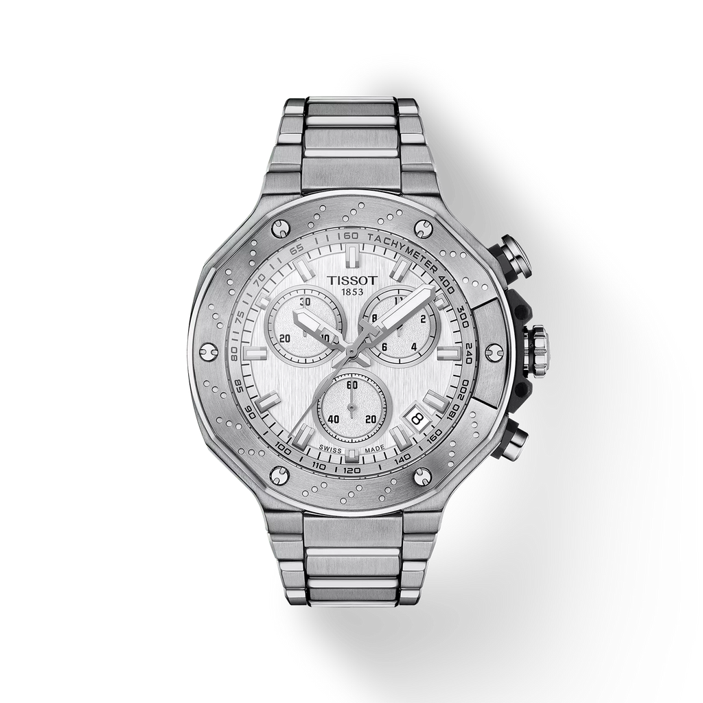 RELOJ TISSOT T-RACE, CUARZO, ESFERA BLANCA, BRAZALETE DE ACERO, CRONCÓGRAFO, 45 MM