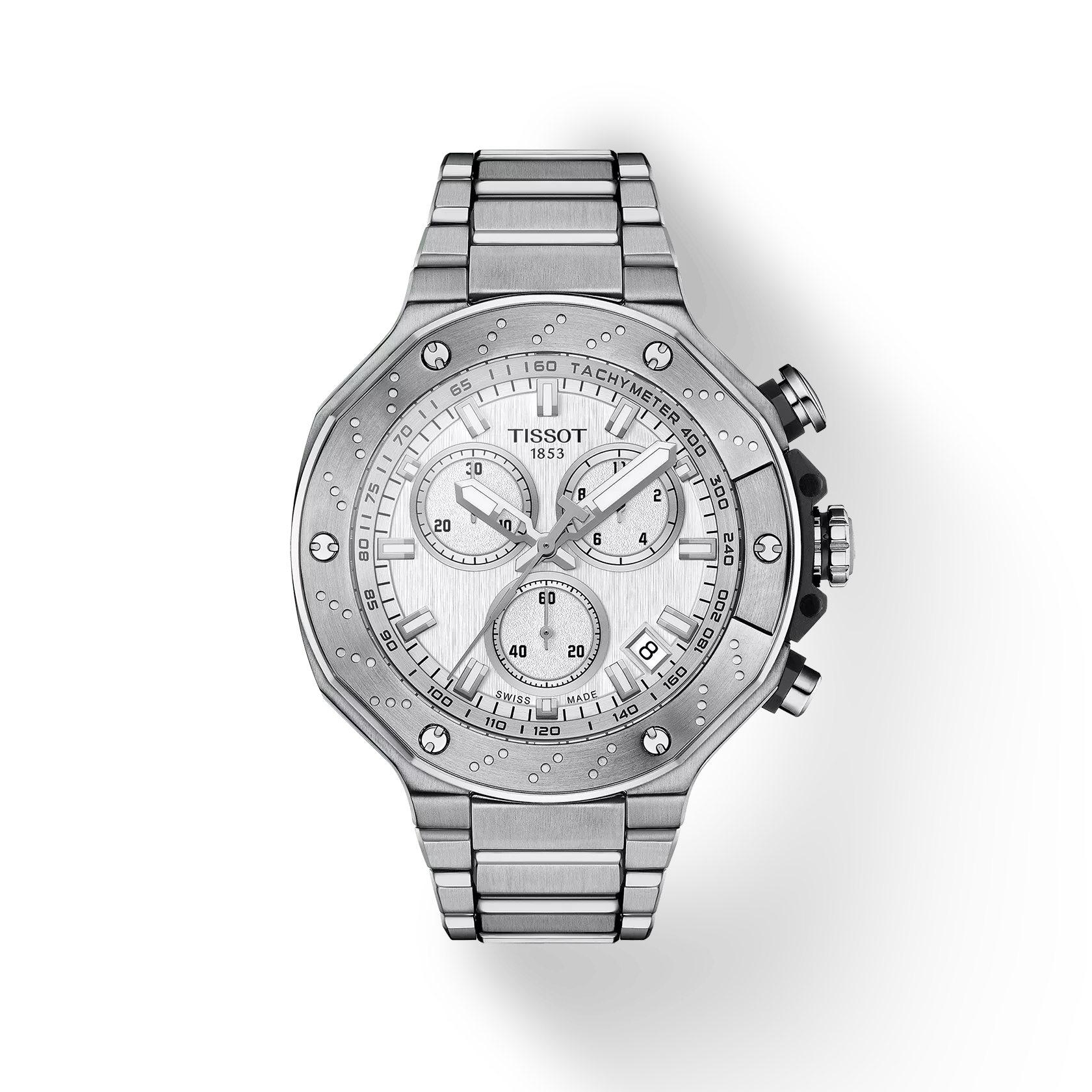 RELOJ TISSOT T-RACE, CUARZO, ESFERA BLANCA, BRAZALETE DE ACERO, CRONCÓGRAFO, 45 MM