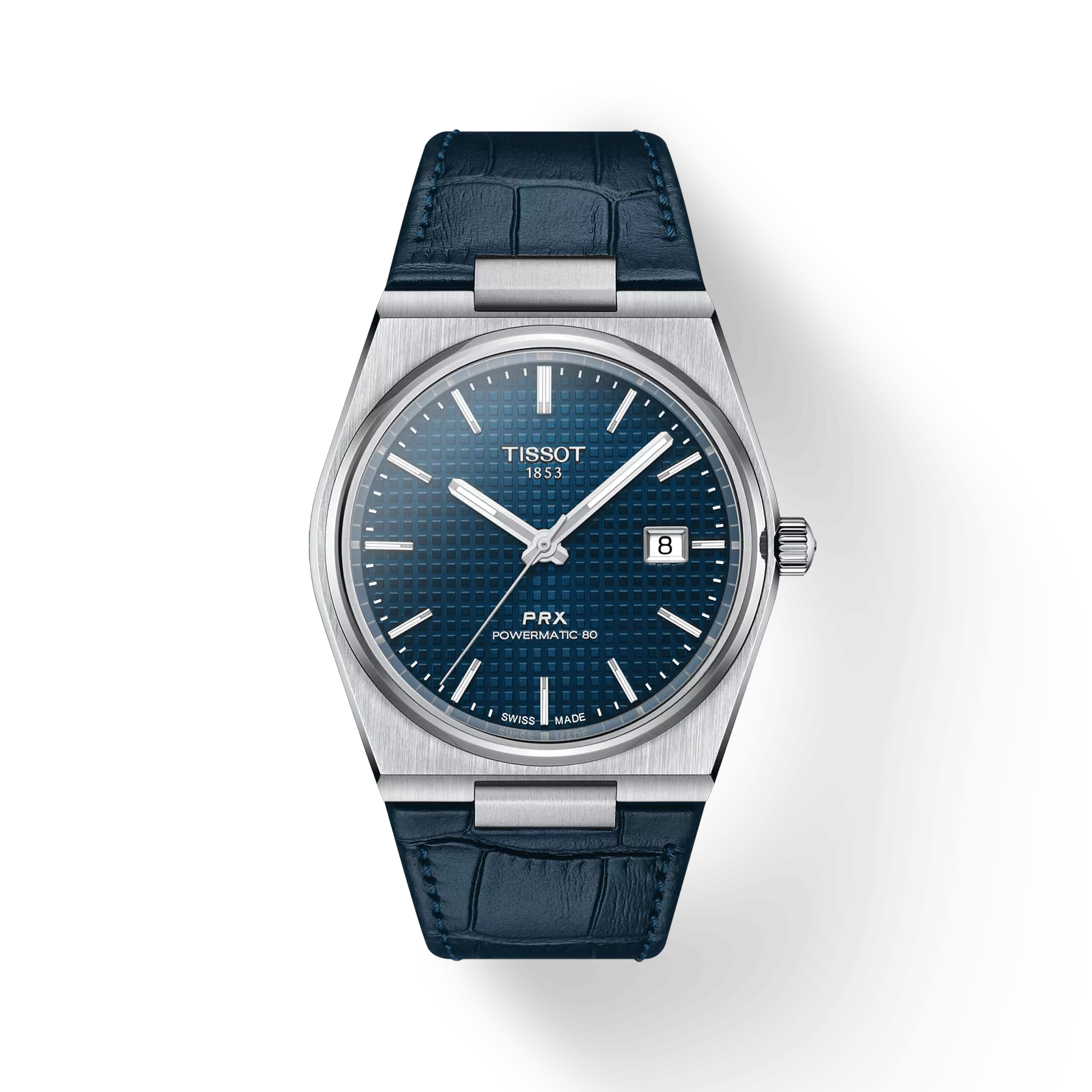 RELOJ TISSOT PRX, AUTOMCÁTICO, ESFERA AZUL, FAJA DE CUERO AZUL, FECHA, 40 MM