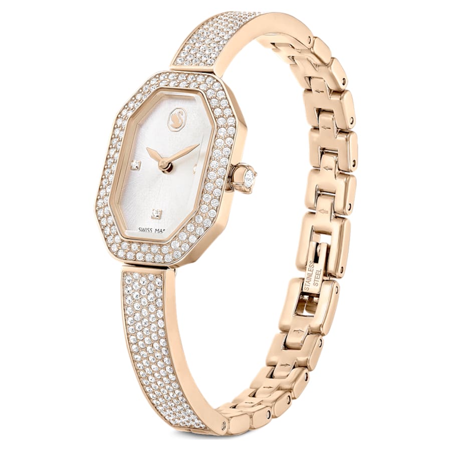 RELOJ SWAROVSKI DEXTERA, ACERO INOXIDABLE PVD TONO ORO CHAMPCÁN, ESFERA PLATEADA, MOVIMIENTO CUARZO, CAJA 31 X 19 MM, MUJER