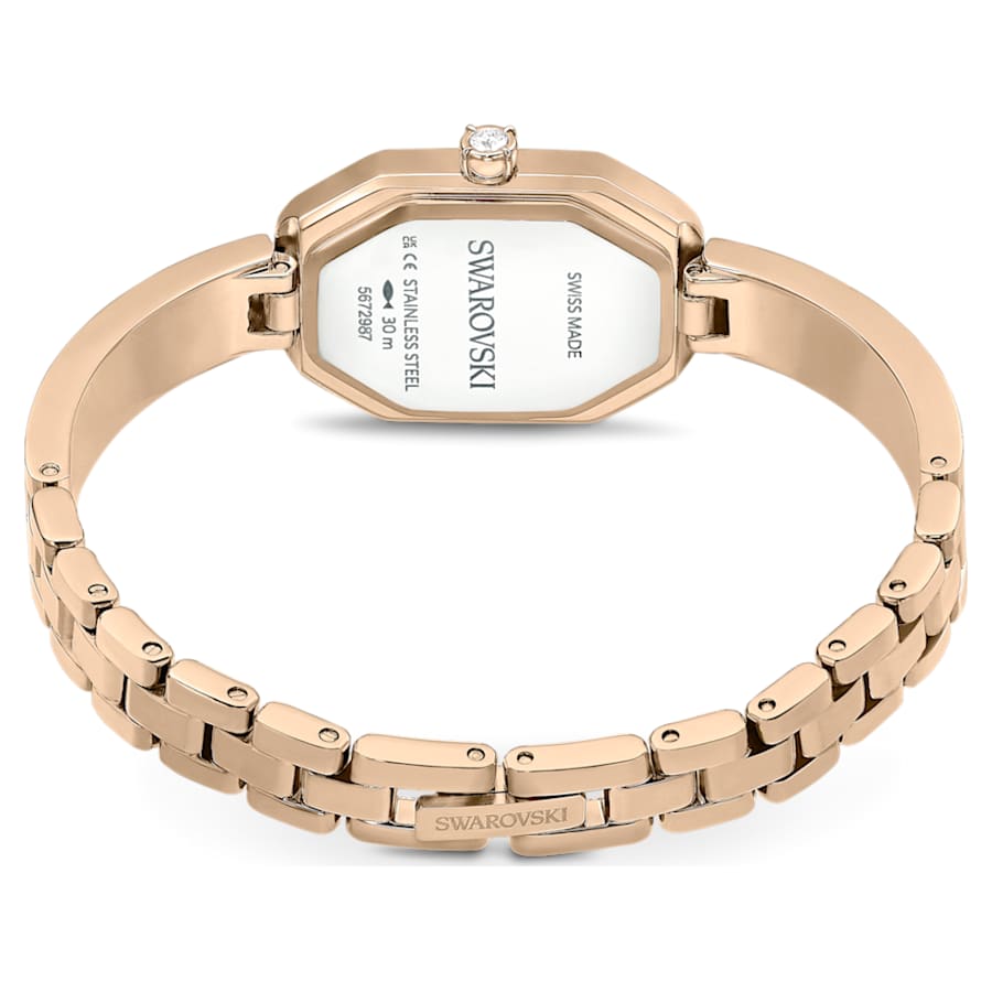 RELOJ SWAROVSKI DEXTERA, ACERO INOXIDABLE PVD TONO ORO CHAMPCÁN, ESFERA PLATEADA, MOVIMIENTO CUARZO, CAJA 31 X 19 MM, MUJER