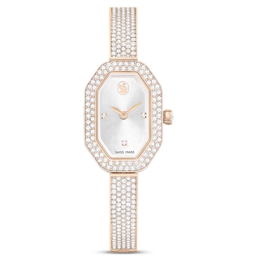 RELOJ SWAROVSKI DEXTERA, ACERO INOXIDABLE PVD TONO ORO CHAMPCÁN, ESFERA PLATEADA, MOVIMIENTO CUARZO, CAJA 31 X 19 MM, MUJER