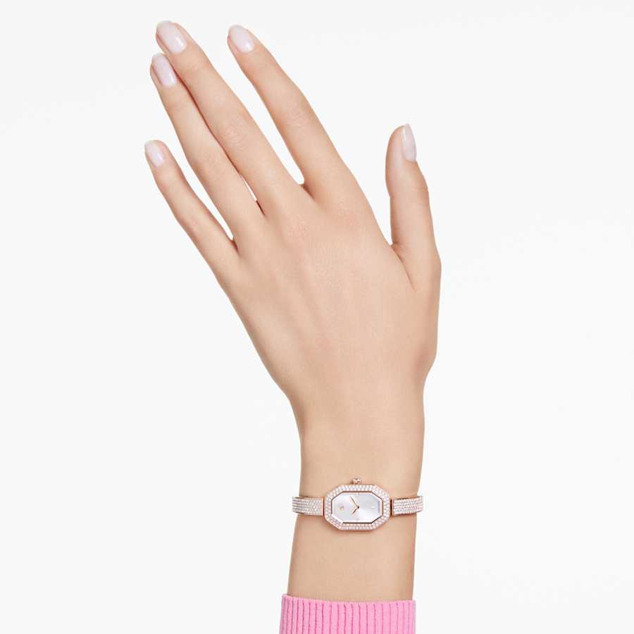 RELOJ SWAROVSKI DEXTERA, ACERO INOXIDABLE PVD TONO ORO CHAMPCÁN, ESFERA PLATEADA, MOVIMIENTO CUARZO, CAJA 31 X 19 MM, MUJER