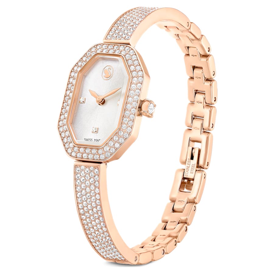 RELOJ SWAROVSKI DEXTERA BANGLE, BRAZALETE DE ACERO INOXIDABLE PVD TONO ORO ROSA, ESFERA BLANCA, MOVIMIENTO CUARZO, CAJA 31 X 19 MM, MUJER
