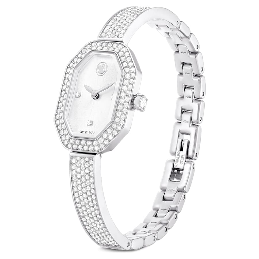RELOJ SWAROVSKI DEXTERA BANGLE, BRAZALETE DE ACERO INOXIDABLE, ESFERA PLATEADA, MOVIMIENTO CUARZO, CAJA 1 1/4 X 3/4 PULGADAS, MUJER