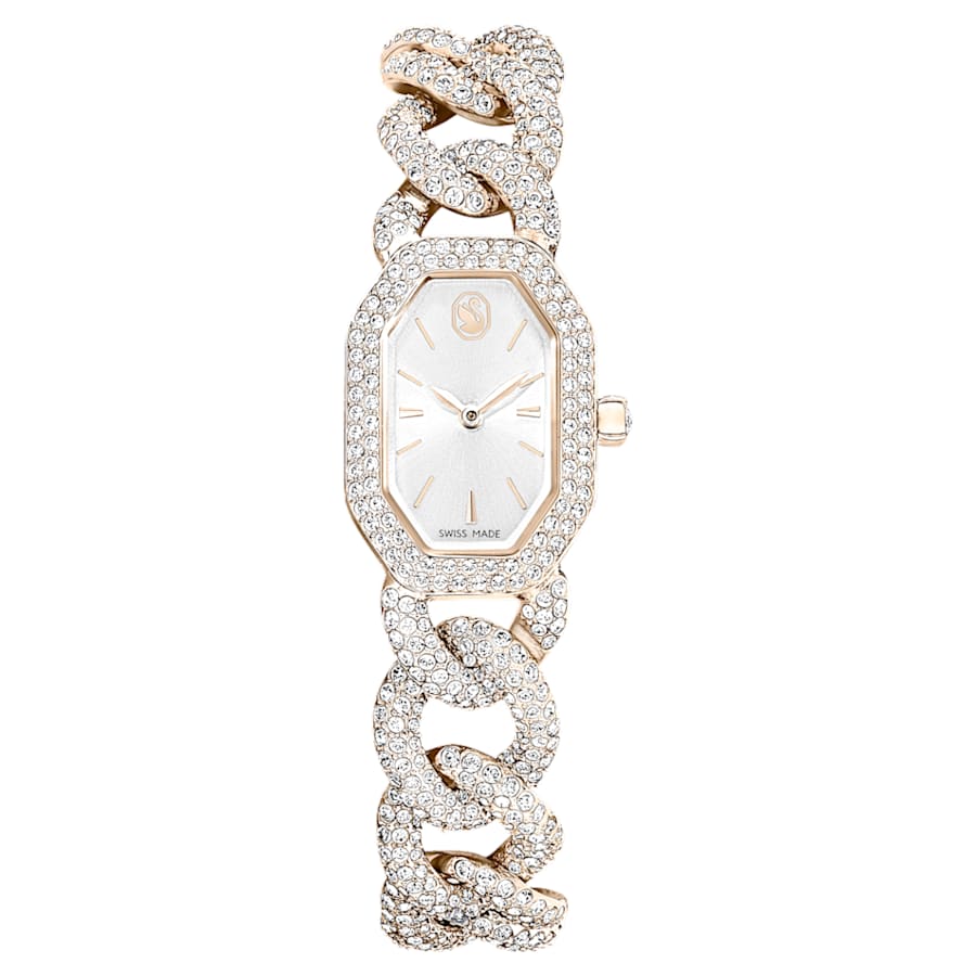 RELOJ SWAROVSKI DEXTERA CHAIN , BRAZALETE DE ACERO INOXIDABLE PVD TONO CHAMPCÁN, ESFERA BLANCA, MOVIMIENTO CUARZO, CAJA 44 X 20 MM, MUJER