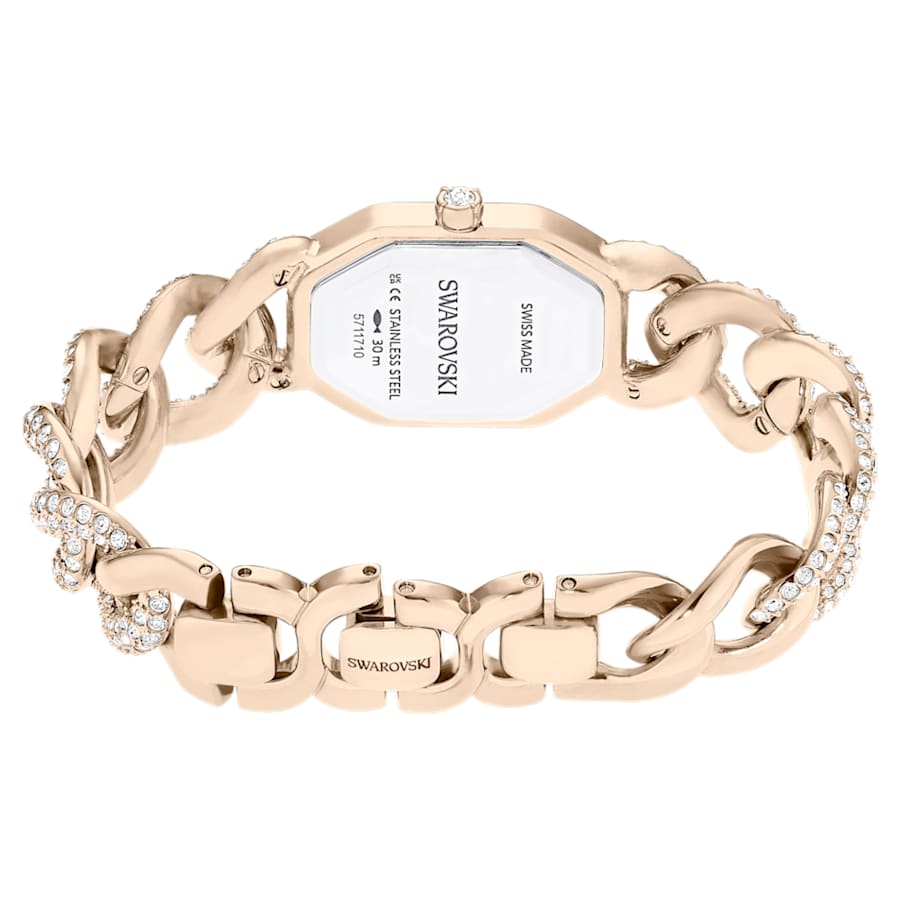 RELOJ SWAROVSKI DEXTERA CHAIN , BRAZALETE DE ACERO INOXIDABLE PVD TONO CHAMPCÁN, ESFERA BLANCA, MOVIMIENTO CUARZO, CAJA 44 X 20 MM, MUJER