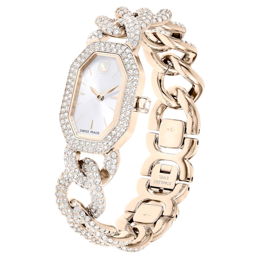 RELOJ SWAROVSKI DEXTERA CHAIN , BRAZALETE DE ACERO INOXIDABLE PVD TONO CHAMPCÁN, ESFERA BLANCA, MOVIMIENTO CUARZO, CAJA 44 X 20 MM, MUJER
