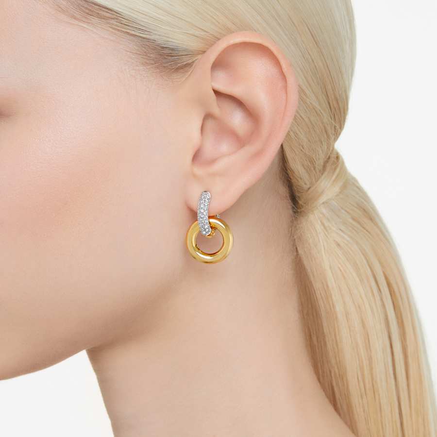 ARETES SWAROVSKI DEXTERA, DISEÑO HOOP INTERLINKED, BLANCO, BAÑO TONO ORO