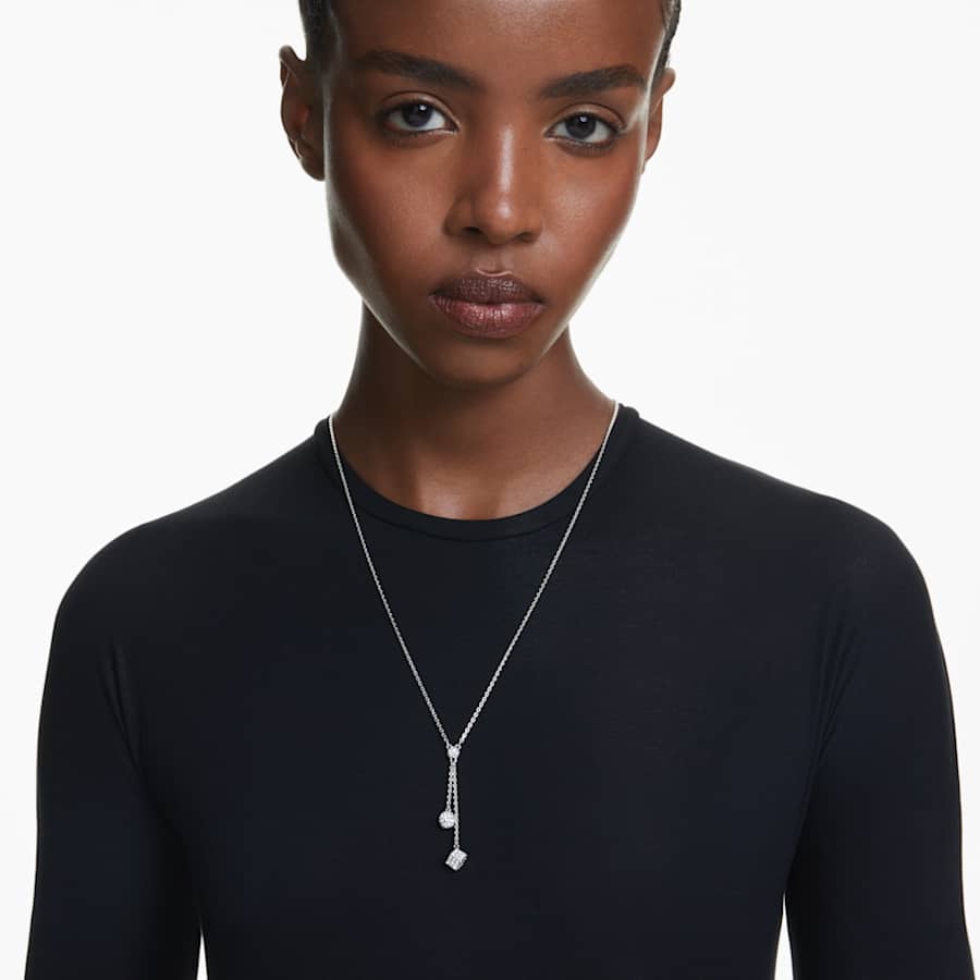 COLLAR SWAROVSKI EN Y DEXTERA TALLA REDONDA, ESFERA Y CUBO, BLANCO, BAÑO DE RODIO