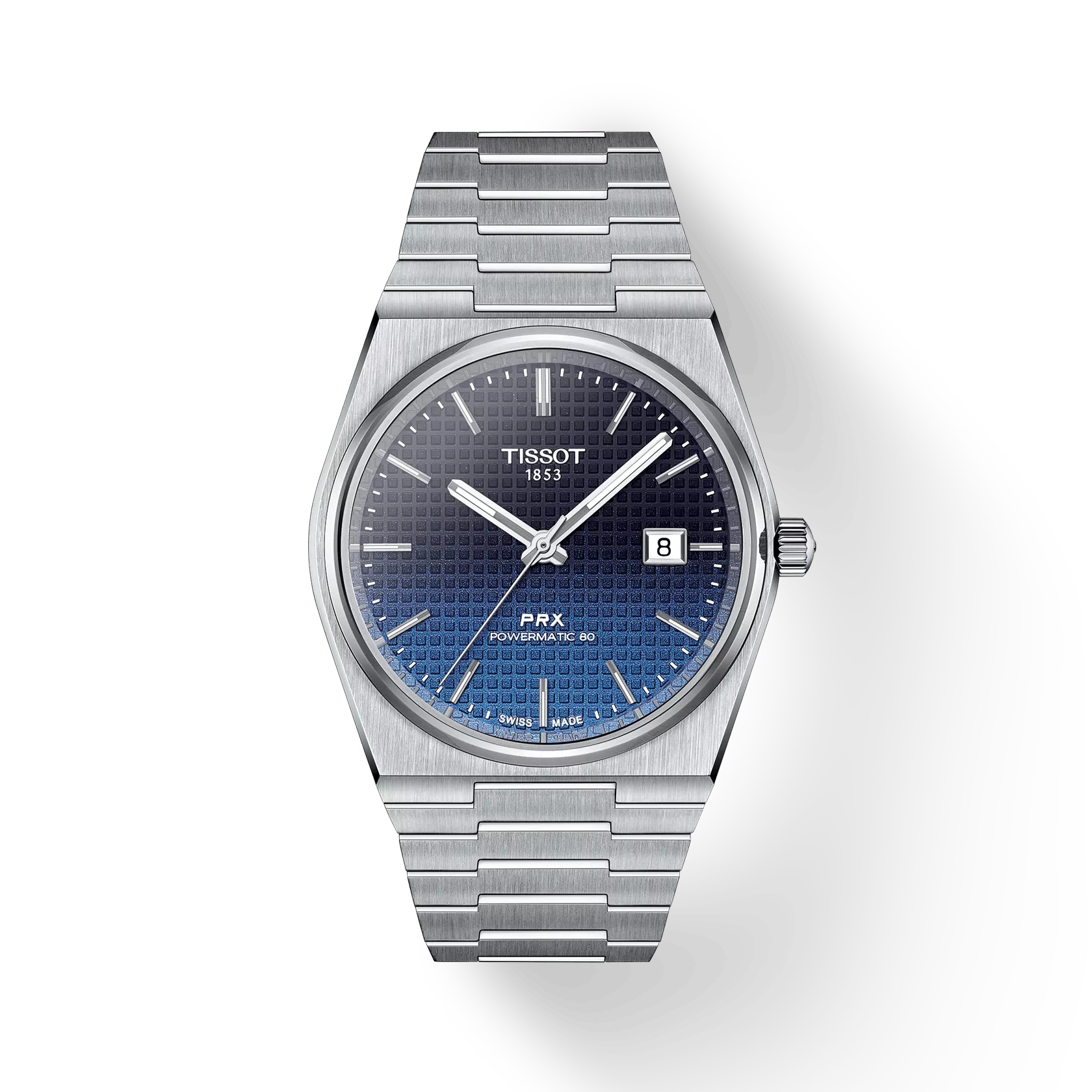 RELOJ TISSOT PRX, AUTOMCÁTICO, ESFERA AZUL CAMALECÓNICO, BRAZALETE DE ACERO, FECHA, 40 MM