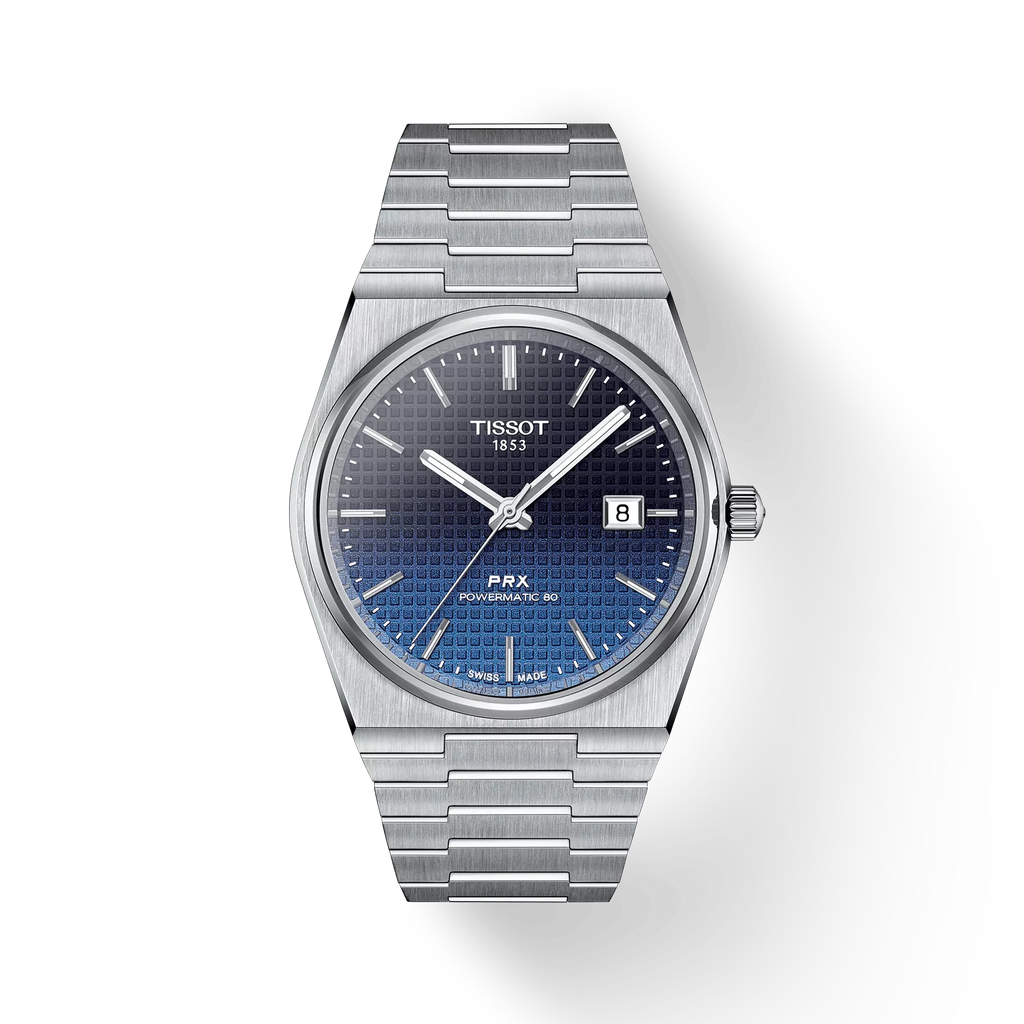 RELOJ TISSOT PRX, AUTOMCÁTICO, ESFERA AZUL CAMALECÓNICO, BRAZALETE DE ACERO, FECHA, 40 MM