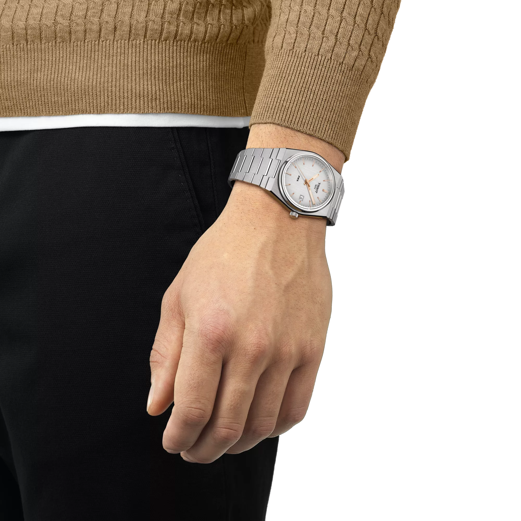 RELOJ TISSOT PRX, CUARZO, ESFERA GRIS, BRAZALETE DE ACERO, FECHA, 40 MM