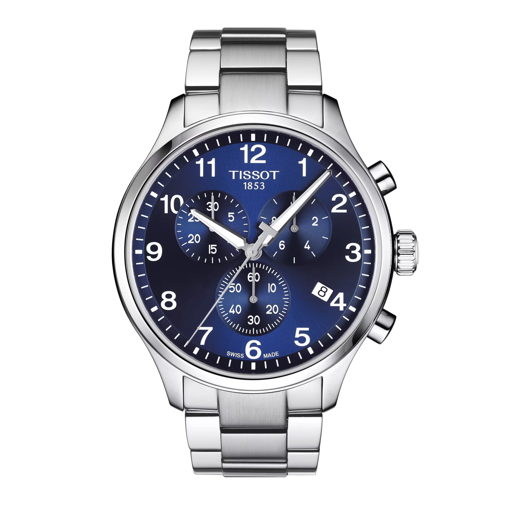 RELOJ TISSOT CHRONO XL CLASSIC, CUARZO, ESFERA AZUL, BRAZALETE DE ACERO, CRONCÓGRAFO, 45 MM