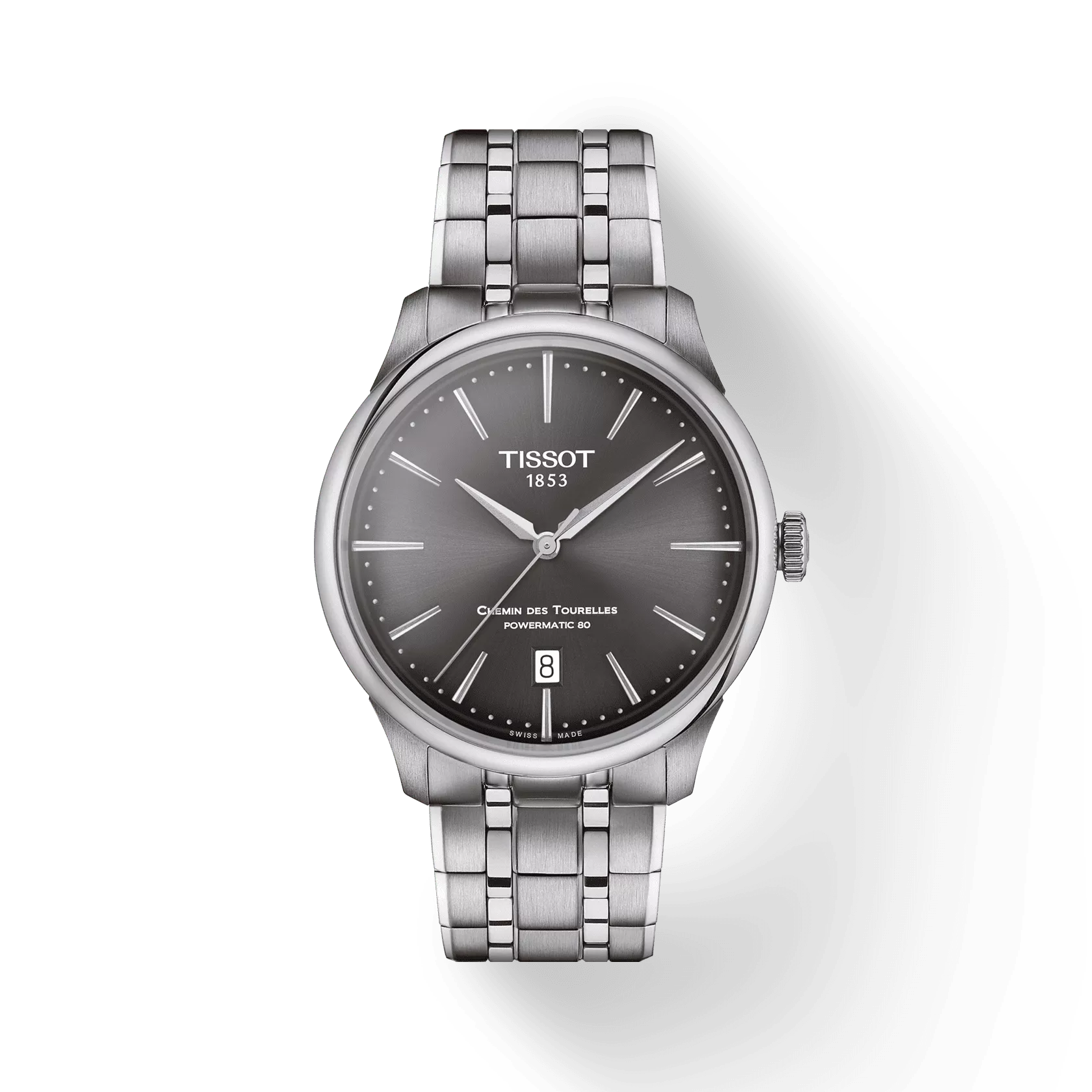 RELOJ TISSOT CHEMIN DES TOURELLES, AUTOMCÁTICO, ESFERA GRIS, BRAZALETE DE ACERO, FECHA, 39 MM